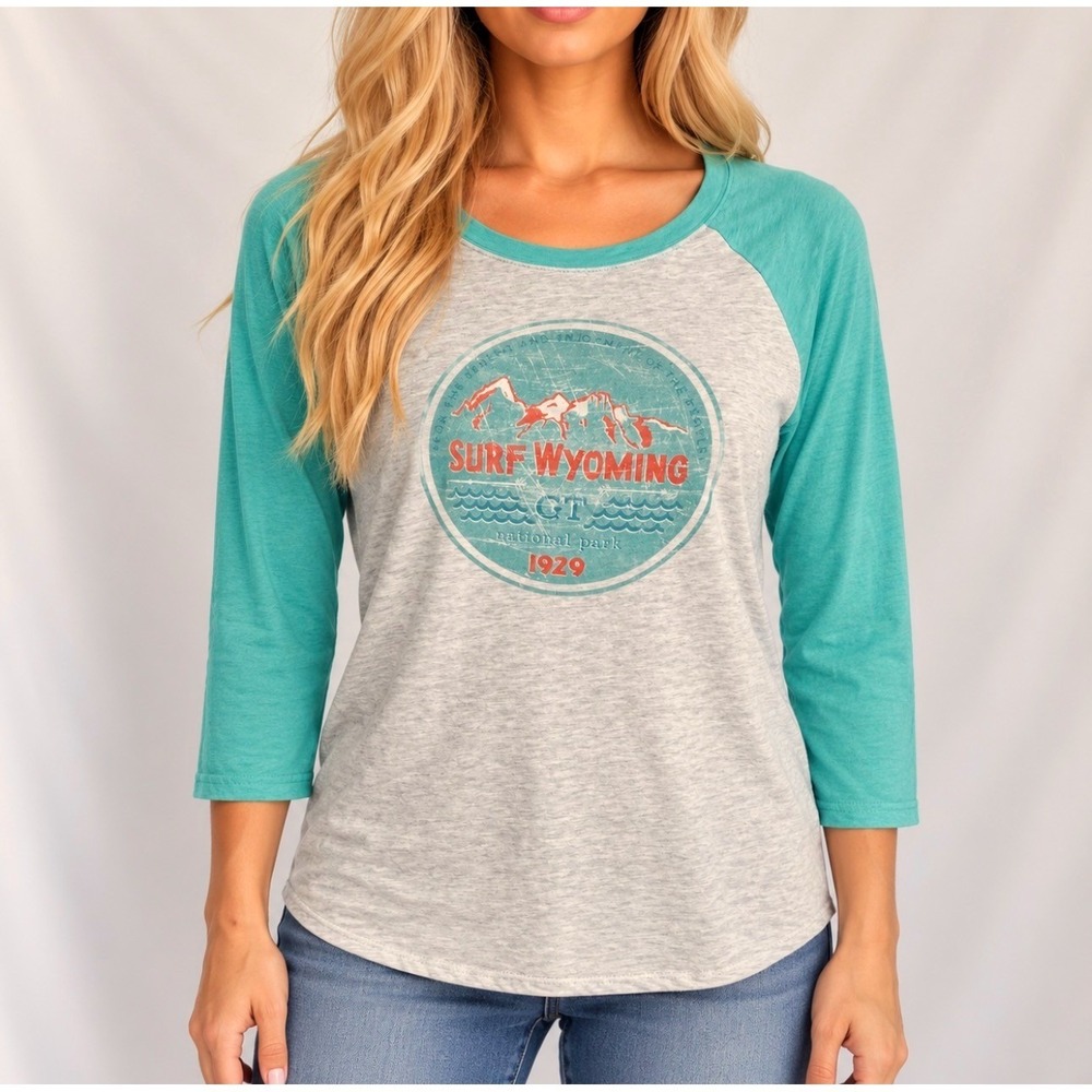 Surf Wyoming Raglan Tee L Gray Teal Good Grand Teton Graphic 3/4 Sleeve